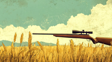 Hunting rifle with scope leaning on rye field and cloudy skyの素材