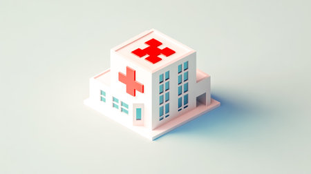 Minimalist hospital building with red cross symbol providing healthcare servicesの素材