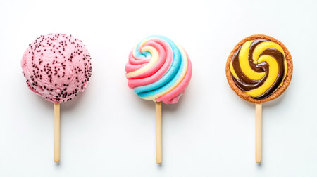 Ice cream, swirl lollipop and cookie pops lying on white backgroundの素材