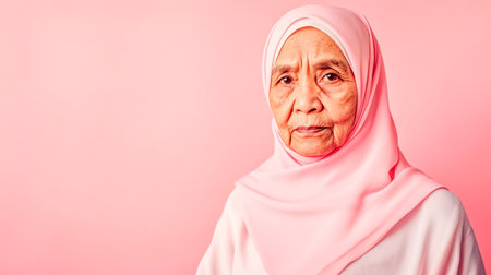 Elderly muslim woman wearing pink hijab posing on pink backgroundの素材