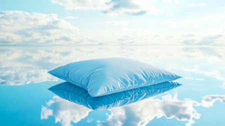 Soft pillow floating on water reflecting sky with cloudsの素材