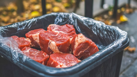Raw meat wasted in garbage representing food wasteの素材