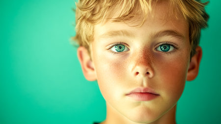 Portrait of curious blond boy with freckles and green eyes on turquoise backgroundの素材