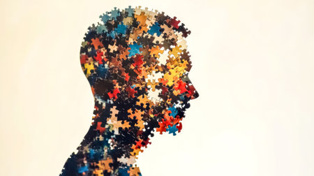 Human head silhouette composed of individual puzzle pieces representing mental healthの素材
