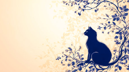 Black cat silhouette sitting on a floral branch, a serene sceneの素材