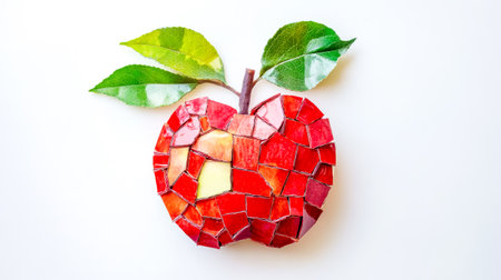 Red apple mosaic with green leaves on white backgroundの素材