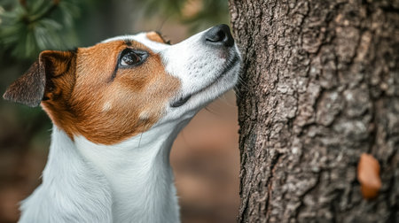 Curious jack russell terrier sniffing a tree in a forestの素材