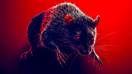 Vicious black rat showing sharp claws and red eyes on red backgroundの素材