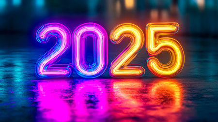 Vibrant neon 2025 sign glowing on reflective surfaceの素材