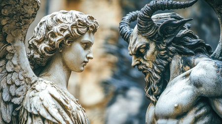 Angel and devil statues representing good and evilの素材
