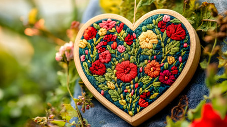 Embroidered heart shaped artwork featuring vibrant flowers and lush greeneryの素材