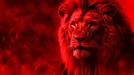 Majestic lion emerging from red smoke and fireの素材
