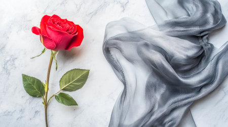 Red rose blooming next to luxurious silk scarf on marble backgroundの素材