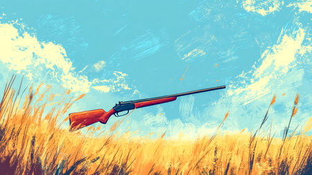 Rifle floating over a field of rye under a blue skyの素材
