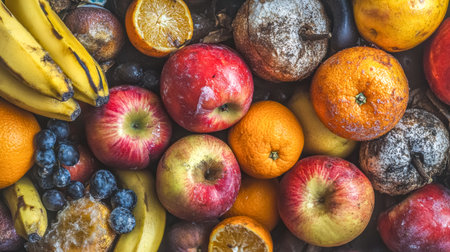 Rotten fruit filling a trash bin, showing food wasteの素材