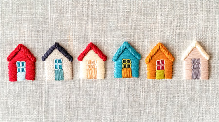 Colorful embroidered houses forming a row on linen fabricの素材