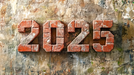 2025 red bricks numbers on grunge wall representing future timeの素材