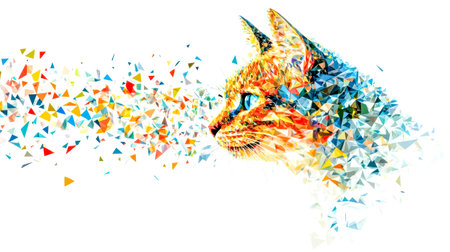 Abstract cat composed of vibrant triangles and diamondsの素材