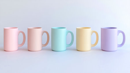 Five pastel colored coffee mugs sitting on white surfaceの素材