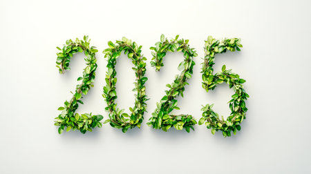 2025 written with green leaves symbolizing eco friendly future on white backgroundの素材