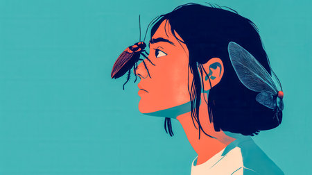 Woman with cockroach and moth symbolizing fear and transformationの素材