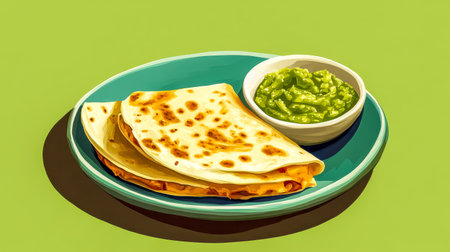 Delicious quesadillas with melted cheese and guacamole on vibrant green backgroundの素材