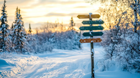 Road sign showing directions in a snowy winter landscape at sunsetの素材