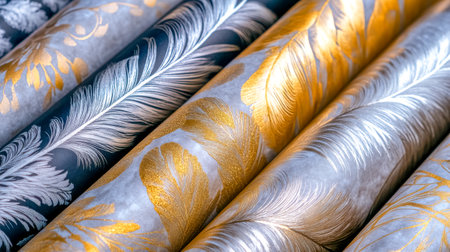Rolls of wallpaper showing soft feather patterns in gold and silver colorsの素材