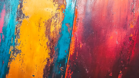 Rusty metal surface showing colorful streaks of vibrant paintの素材