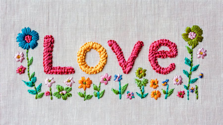 Embroidered word love decorated with small colorful flowers on white fabricの素材