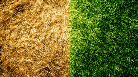 Dry grass and green grass showing climate change and environmental issuesの素材