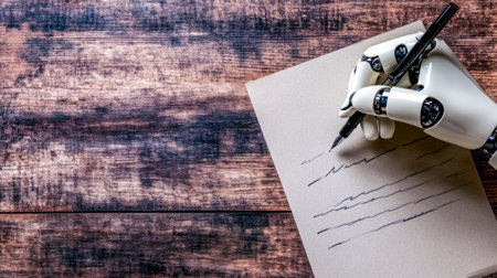 Robotic hand writing story with fountain pen on wooden tableの素材
