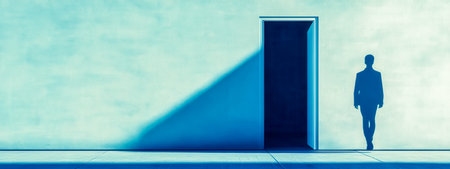 Businessman shadow walking away from open doorの素材