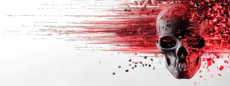 Digital skull exploding with red and black particlesの素材