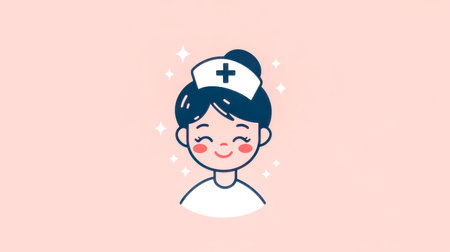Smiling nurse with white hat and uniform on pink backgroundの素材