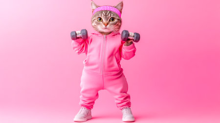 Determined cat lifting weights in pink athletic outfitの素材