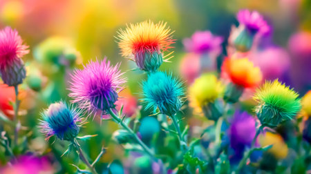 Rainbow thistles blooming in vibrant colors in summer meadowの素材