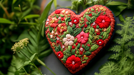 Embroidered heart with colorful flowers and green leaves on natural backgroundの素材