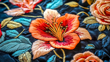 Traditional embroidery featuring vibrant roses and lilies with intricate detailingの素材
