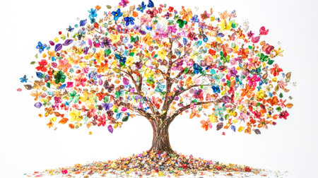 Colorful tree made of tiny leaves and flowers blooming on white backgroundの素材