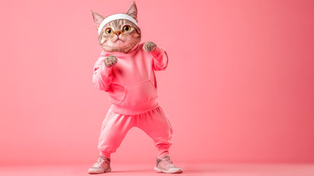 Determined cat boxer wearing pink sportswear on pink backgroundの素材