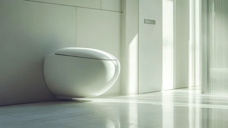 Modern toilet in minimalist bathroom with closed lidの素材
