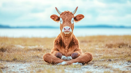 Cow meditating in lotus pose on a lakeside meadowの素材