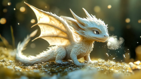 Small white dragon blowing smoke in a magical forestの素材