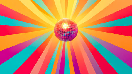 Disco ball shining over rainbow stripes background celebrating 70s partyの素材