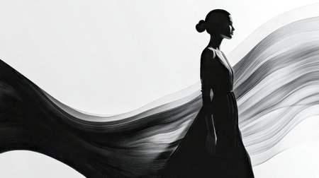Fashion model silhouette walking with elegant dress and abstract black linesの素材