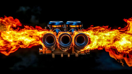 Powerful car engine burning with exhaust flames on black backgroundの素材