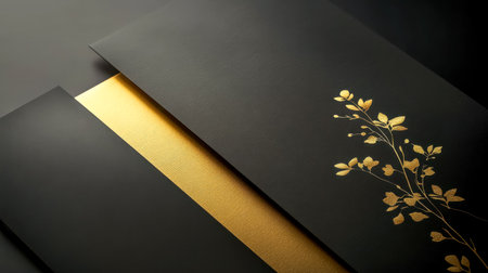 Elegant black and gold invitation card showing golden floral decorationの素材