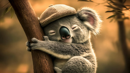 Adorable koala hugging tree branch wearing a capの素材