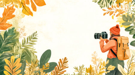 Photographer taking pictures in autumn forest landscapeの素材